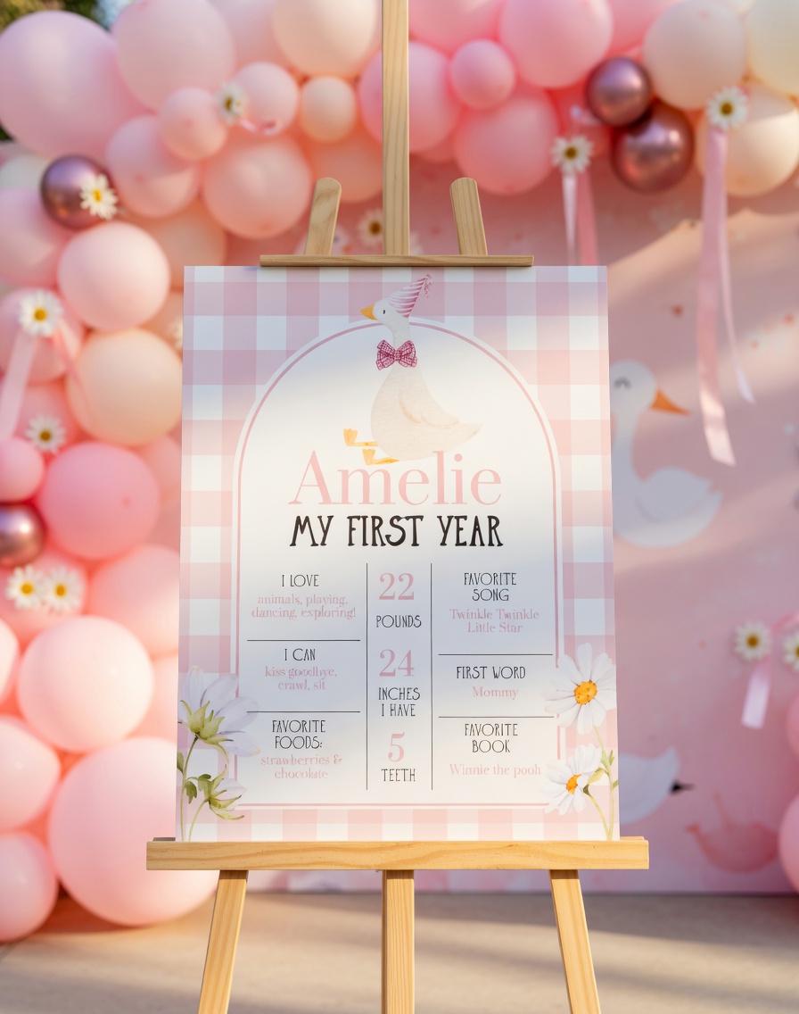 First Year Milestone Sign Template, One Silly Goose Pink Gingham Daisies Board 004SG-MISI-PI - marryful.org