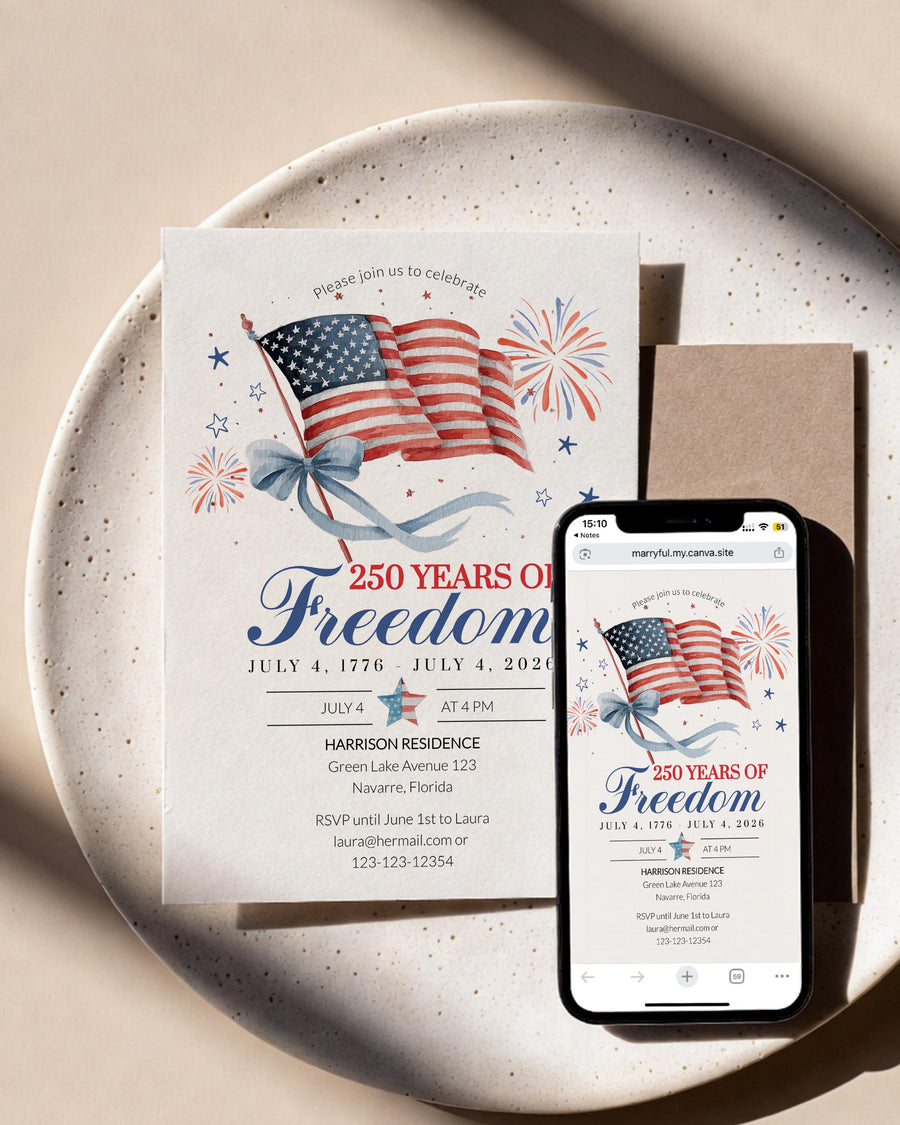 Fourth of July Invitation, America 250 Watercolor Flag Coquette Bow Invite, Editable Template 020IND-BSINV - marryful.org