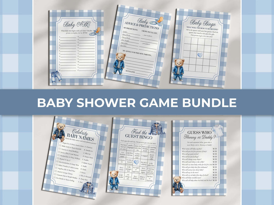Baby Shower Games Bundle Template, Denim Teddy Bear Gingham Theme, Digital Download 013JE-GAMEB - marryful.org