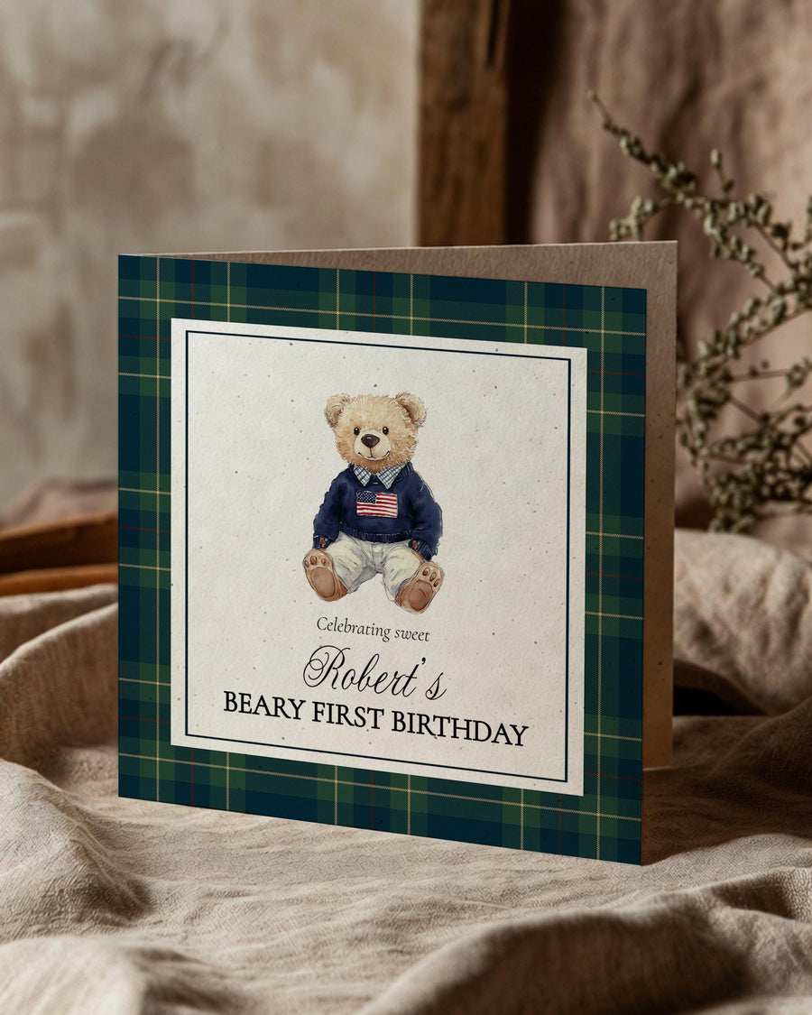 First Birthday Card Template, Vintage Polo Teddy Bear Greeting, Digital Download 068RL-GRCA - marryful.org