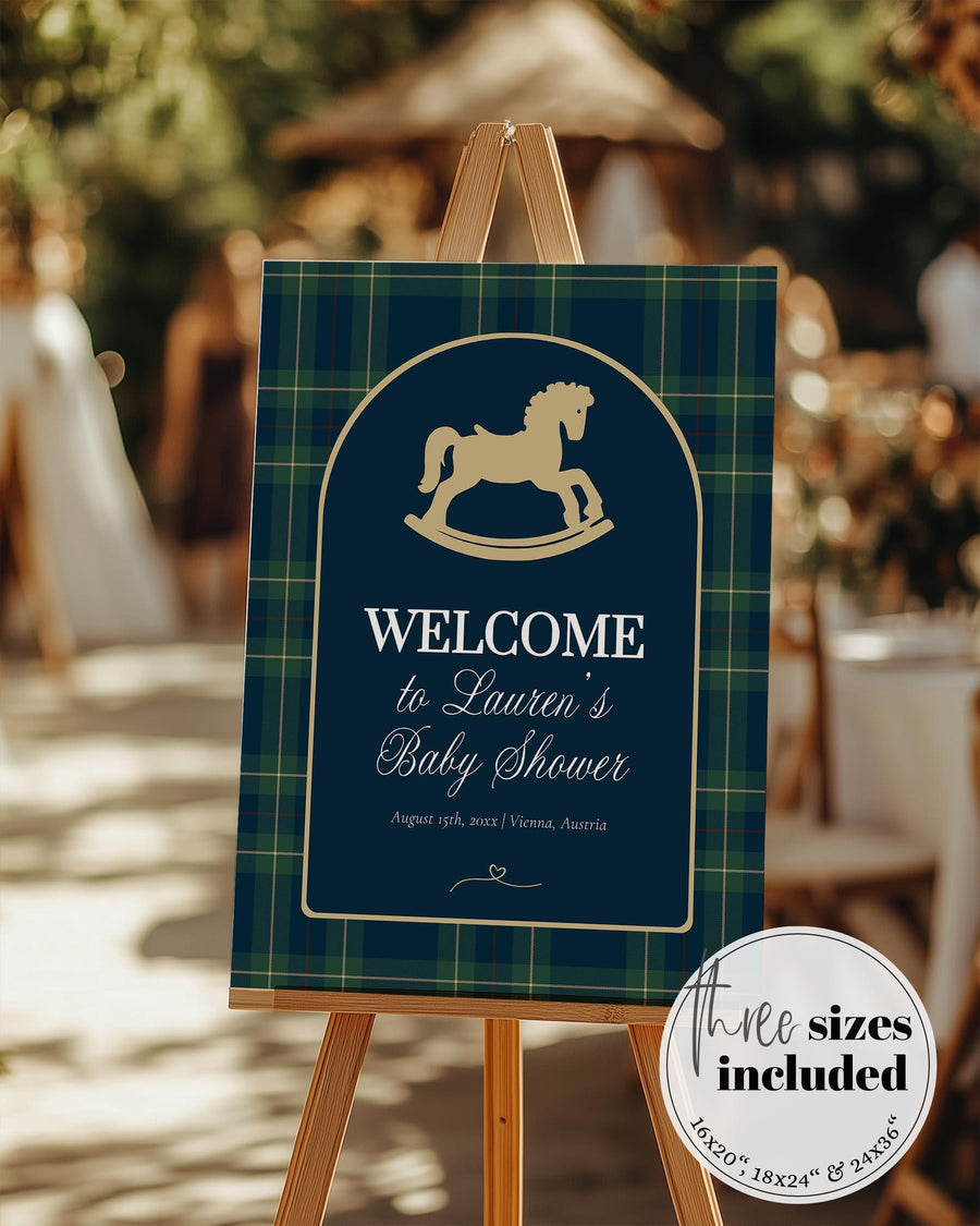 Baby Shower Welcome Sign Template, Luxury Vintage Rocking Horse Plaid Theme, Digital Download 068RH-WLCM - marryful.org