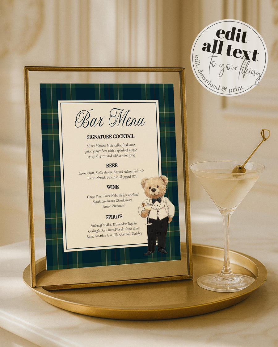 Signature Cocktail Bar Menu Template, Preppy Teddy Bear Party Sign, Digital Download 068RL-BAME - marryful.org