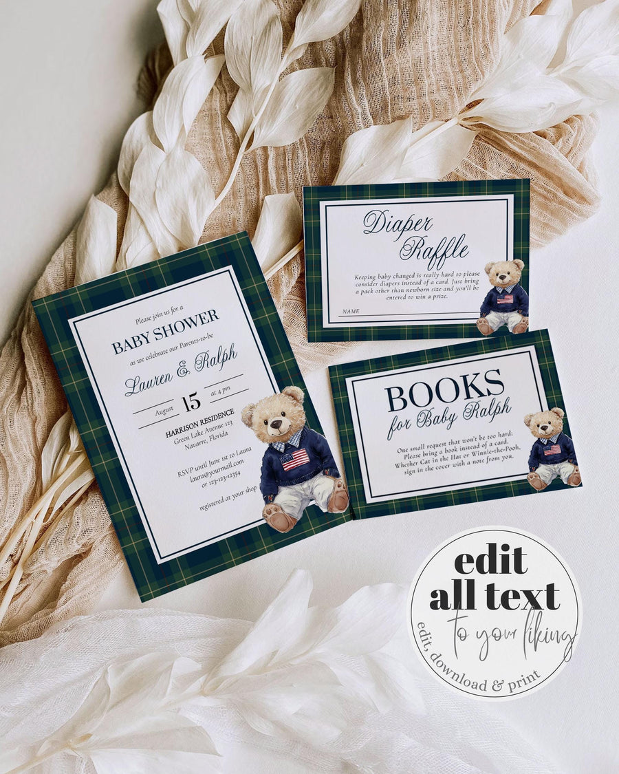 Preppy Baby Shower Invitation, Classic Teddy Bear Plaid Invite, Heritage Editable Template 068RL-BSINV - marryful.org