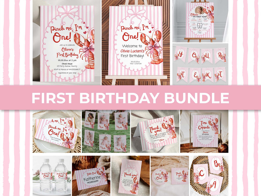 Lobster First Birthday Bundle, Pinch Me Pink Party Stationery Complete Set, Editable Template 034CF-BBUNDLE - marryful.org