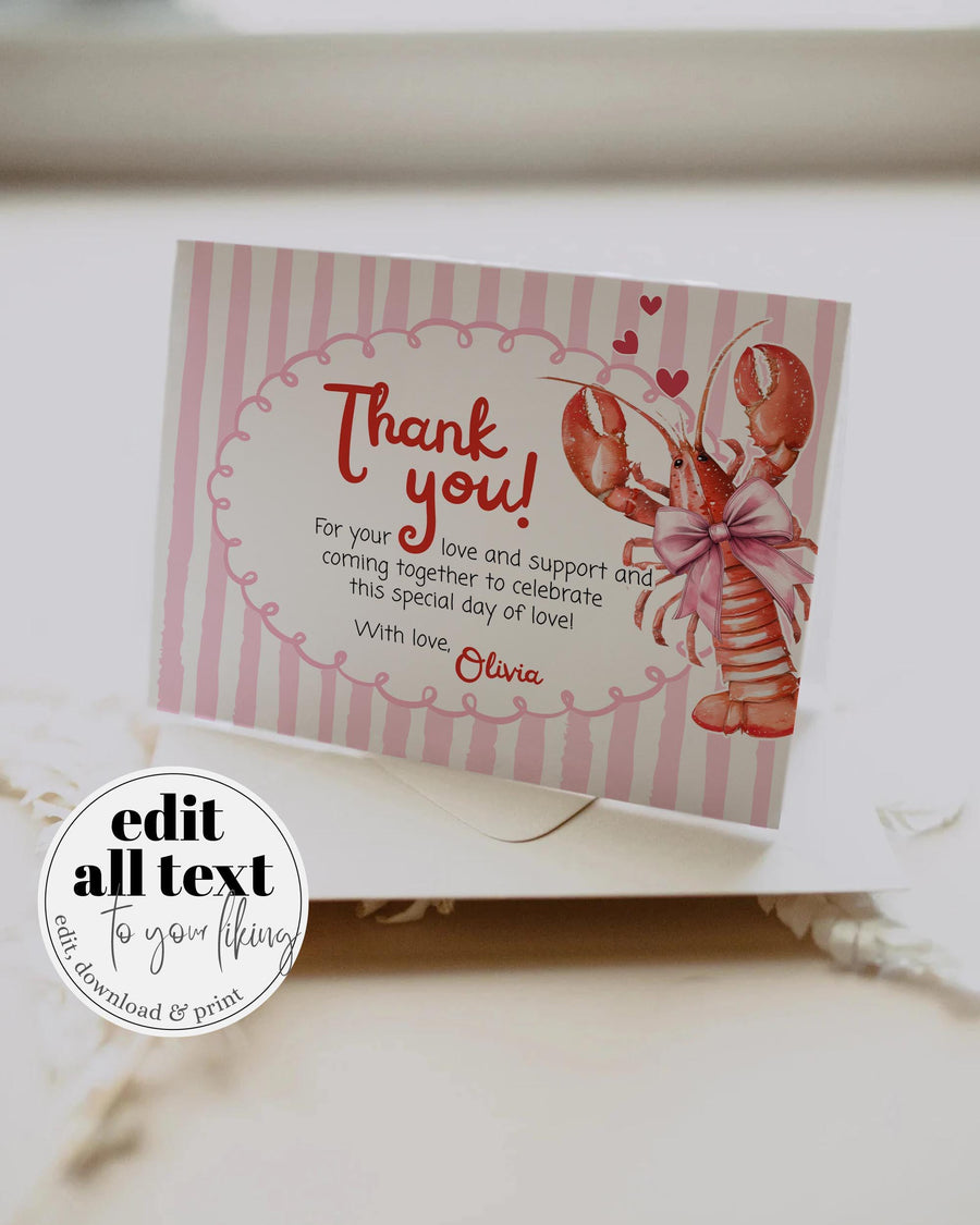 Lobster Birthday Thank You Card, Pinch Me Pink Watercolor Party Note, Editable Template 034CF-THCA - marryful.org