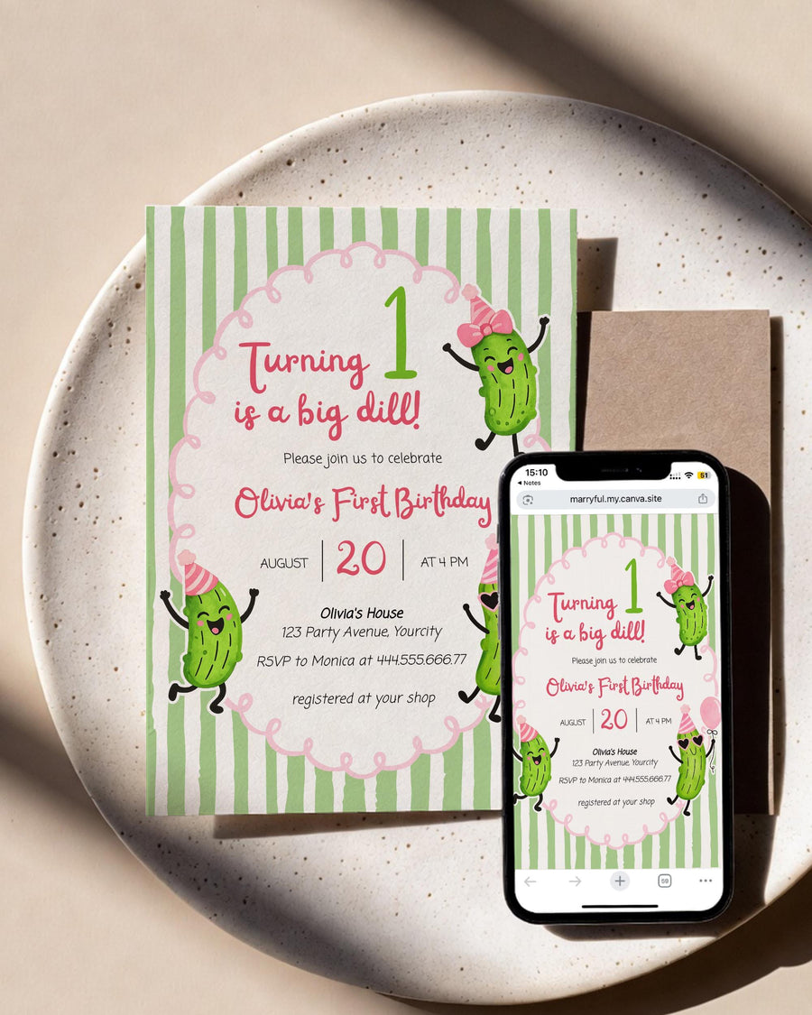Pickle Birthday Invitation, Turning One is a Big Dill Invite, Editable Party Template 034PK-BINV - marryful.org