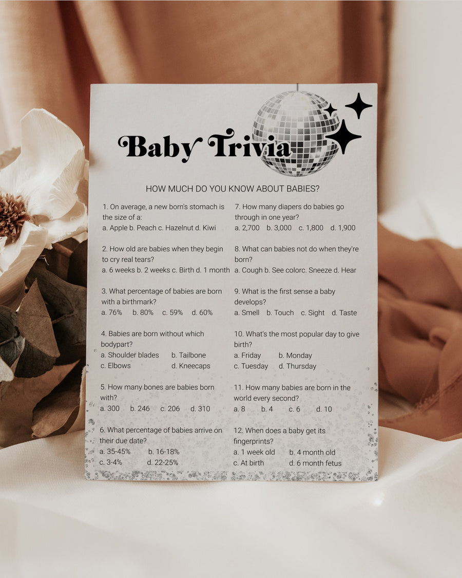 Baby Shower Trivia Game, Groovy Disco Baby Sprinkle 70s Theme Printable Editable Template 065D-GAME - marryful.org