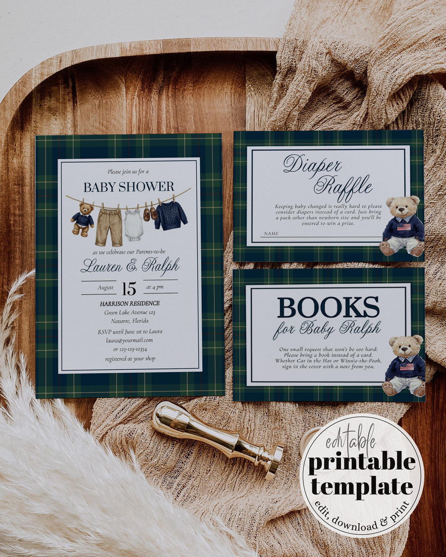 Polo Teddy Baby Shower Invitation Template, Preppy Clothesline Bear Invite, Plaid Boy Shower 068RL-BSINV - marryful.org