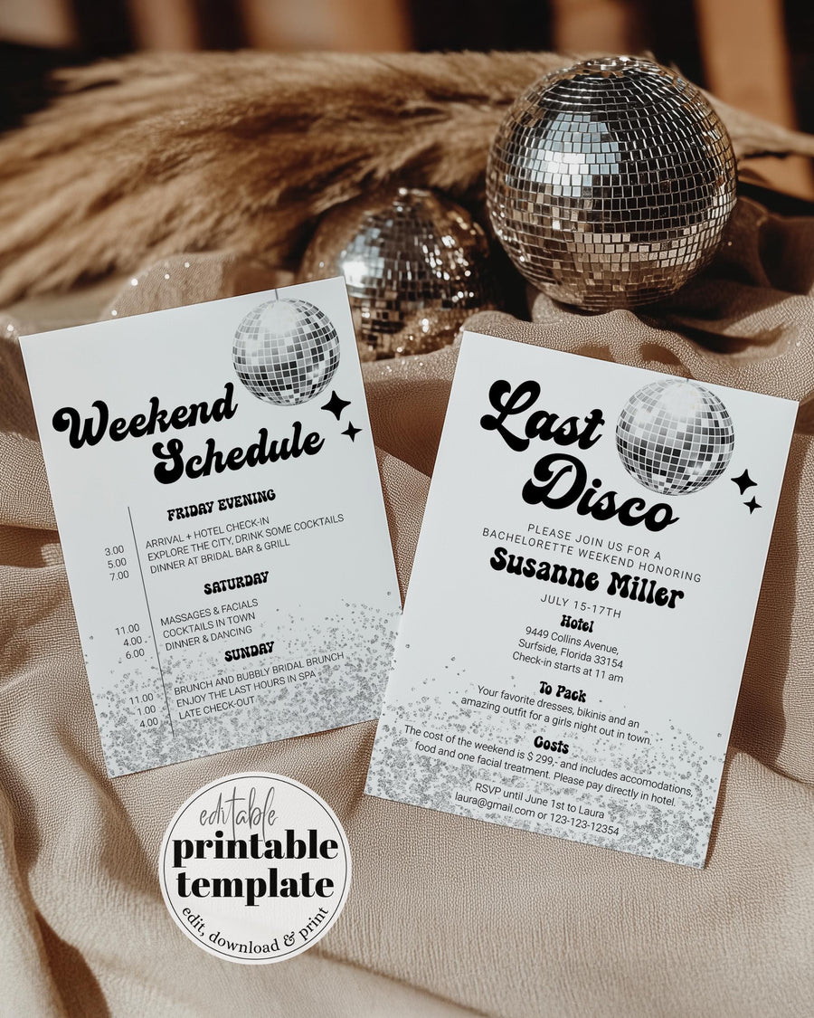 Editable Last Disco Retro Bachelorette Weekend Invitation and Itinerary | Disco Ball Groovy 70s Bachelorette Invite | Instant Download #065d - marryful.org