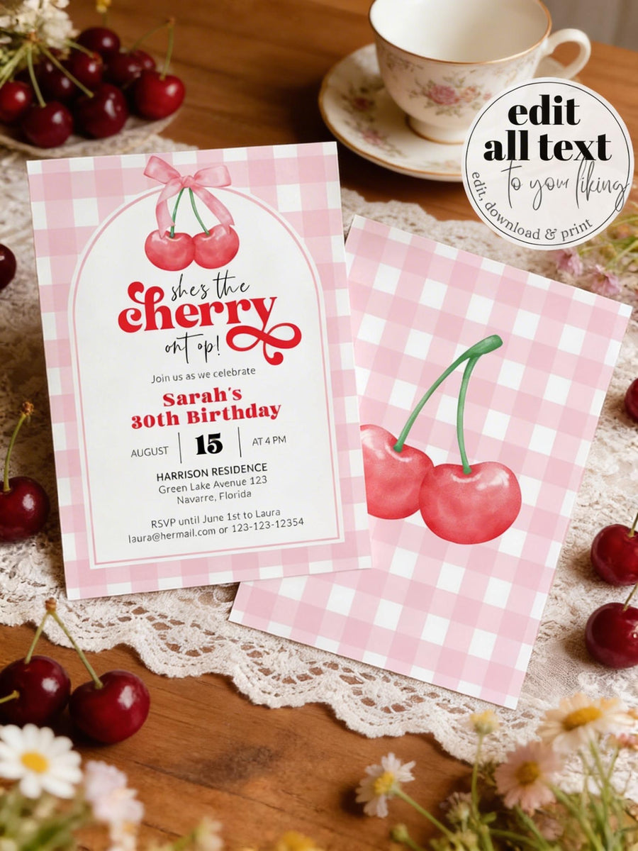 Cherry On Top First Birthday Invitation Coquette Bow Summer Cherry Party Printable Template 003CH-BINV - marryful.org