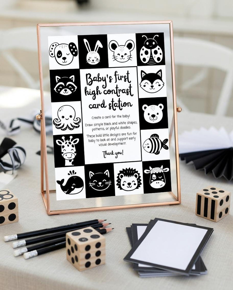 High Contrast Card Station Sign, Black and White Baby Shower Activity, Editable Template - marryful.org