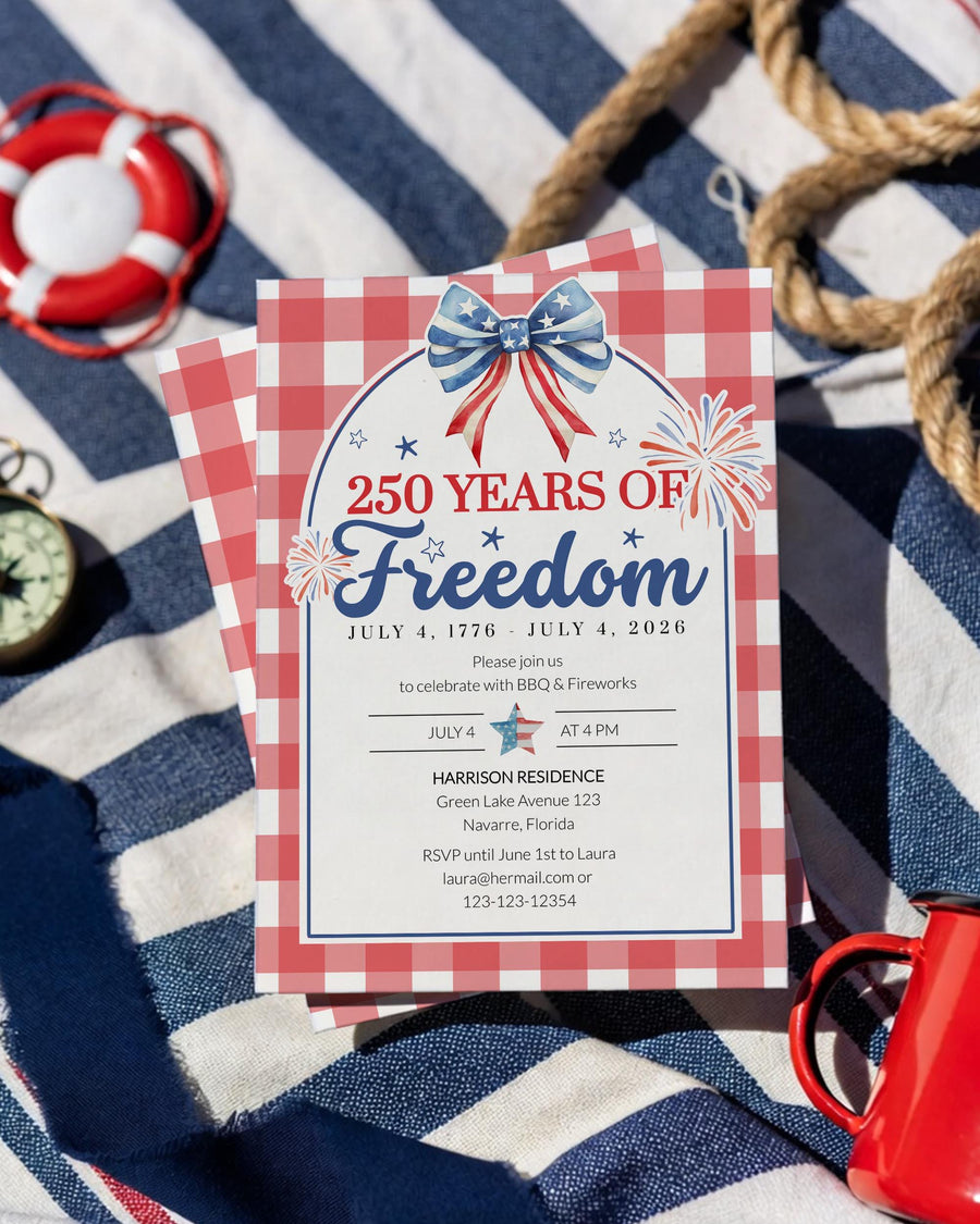 Retro Fourth of July Invitation, Vintage Americana Gingham BBQ Party Invite, Editable Template 020IND-INV - marryful.org