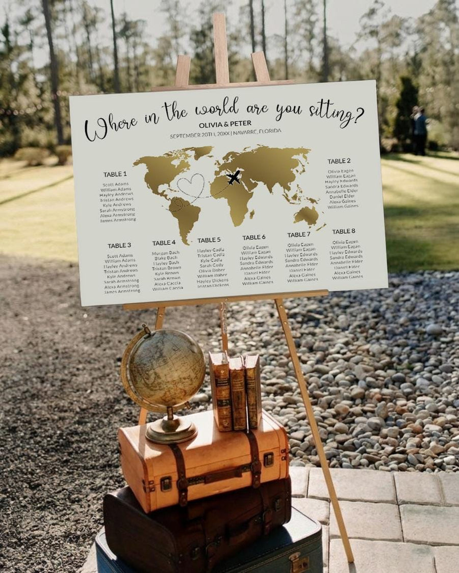 Destination Wedding Seating Chart Template, Where in the World Golden Map Sign 072G-SEAT - marryful.org
