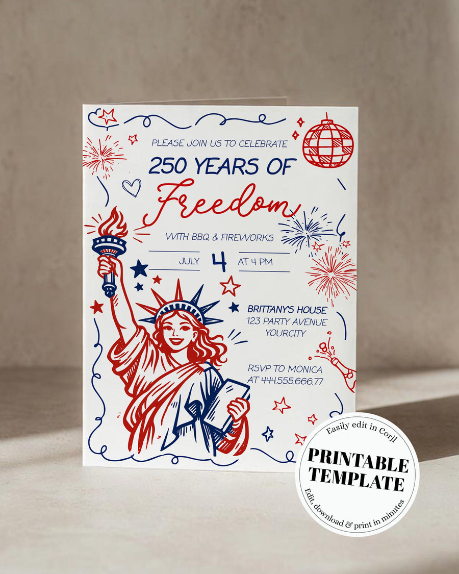Fourth of July Party Invitation, America 250 Lady Liberty Fireworks Invite, Editable Template 070IND-INV - marryful.org