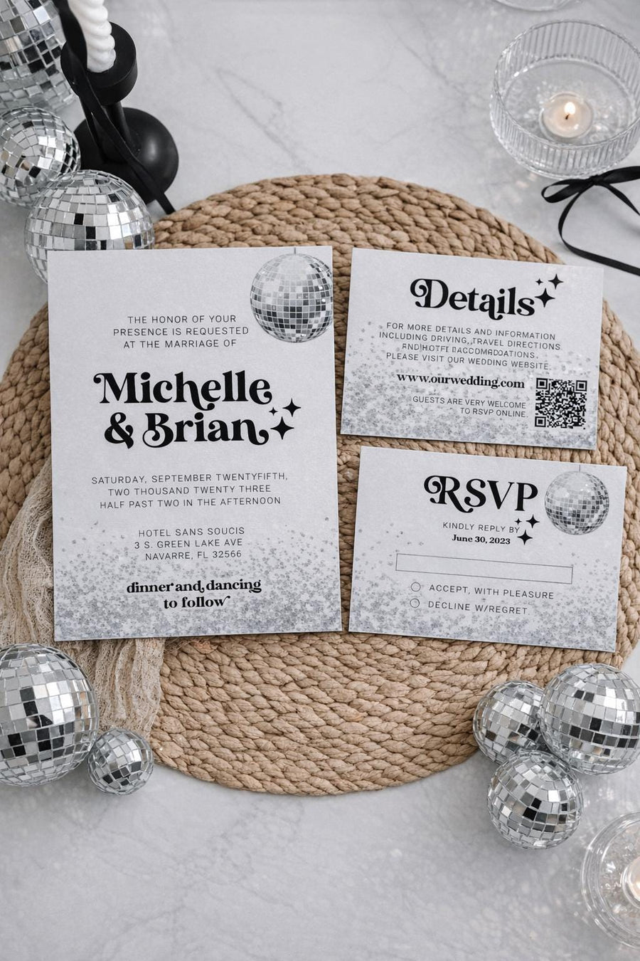 Disco Wedding Invitation Template, Retro Ceremony Card, Groovy Reception Invite 065D-WEINV - marryful.org