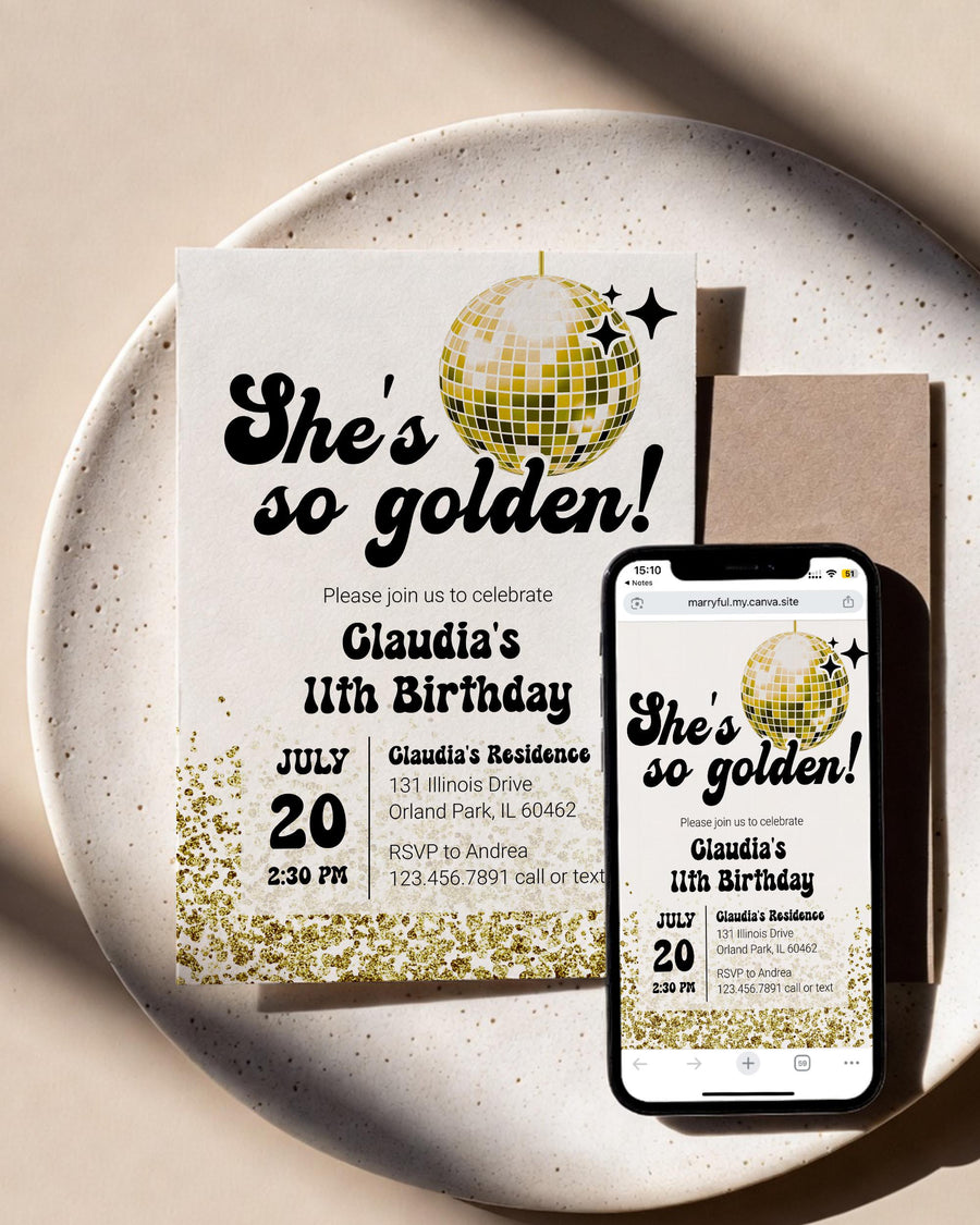 Golden Birthday Invitation, Gold Disco Party Invite, She's So Golden Editable Digital Template 065GO-BINV - marryful.org