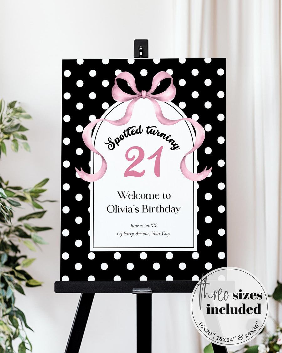 Pink Bow Birthday Welcome Sign, Spotted Turning Polka Dot Party Entrance, Editable Template Poster 083BW-WLCM - marryful.org