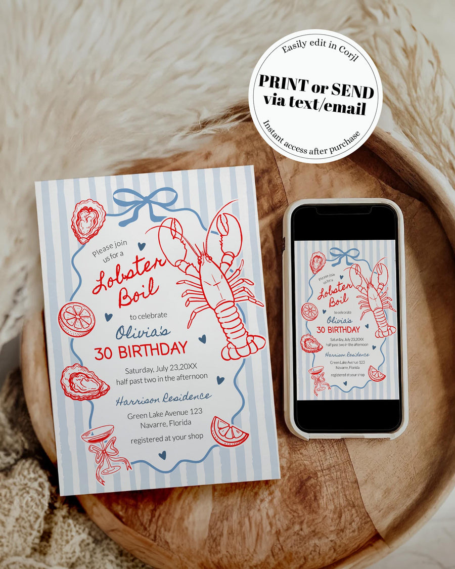 Lobster Party Invitation Template, Coastal Birthday Invite, Striped Nautical Boil Celebration 089LO-BINV - marryful.org