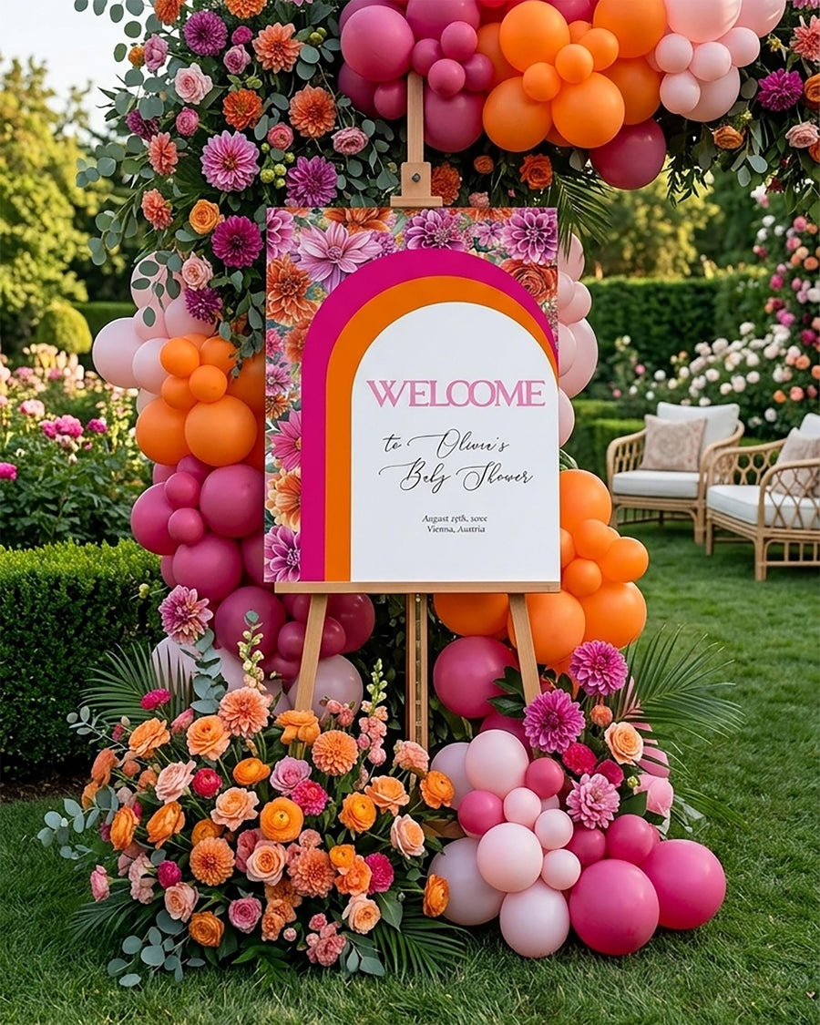 Pink Orange Floral Welcome Sign, Citrus Baby Shower Brunch Entrance Decor Template Printable 011PO-WLCM - marryful.org