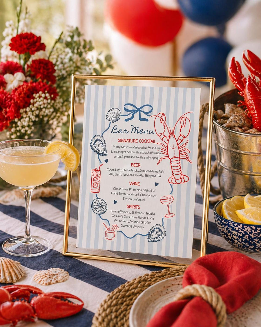 Lobster Bar Menu Template, Coastal Birthday Drinks Sign, Nautical Cocktail Party Decor 089LO-BAME - marryful.org
