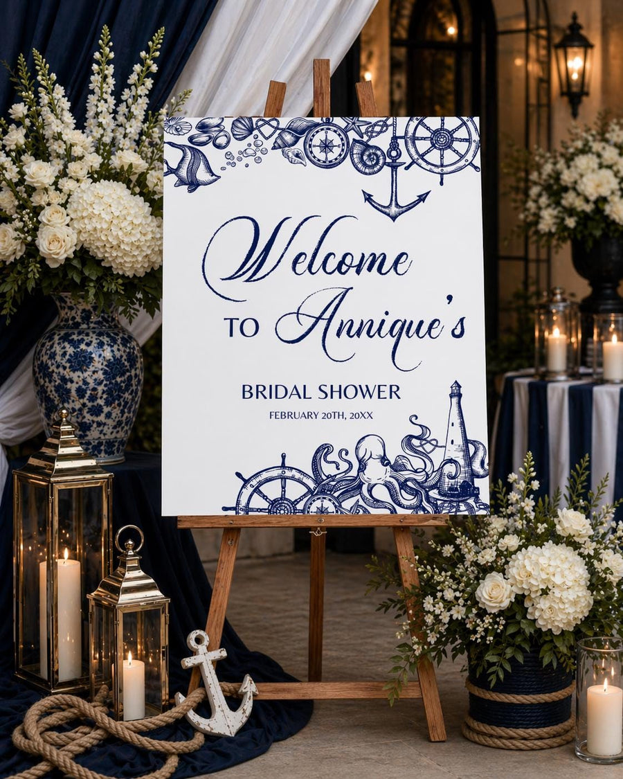 Nautical Bridal Shower Welcome Sign Template, Beach Marine Bachelorette Party Decor 071NA-WLCM - marryful.org