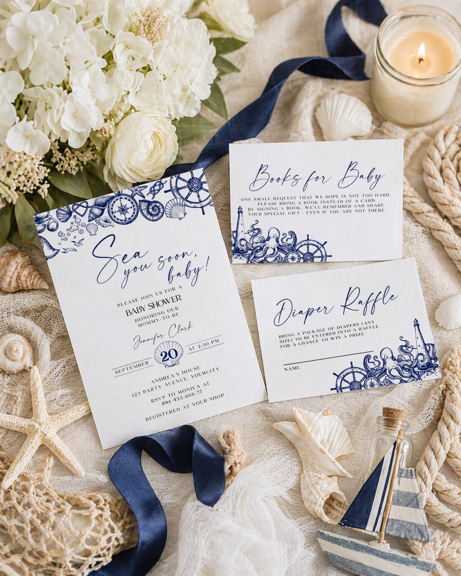 Sea You Soon Baby Shower Bundle Template, Coastal Nautical Blue Invitation Suite 071NA-BSINV - marryful.org