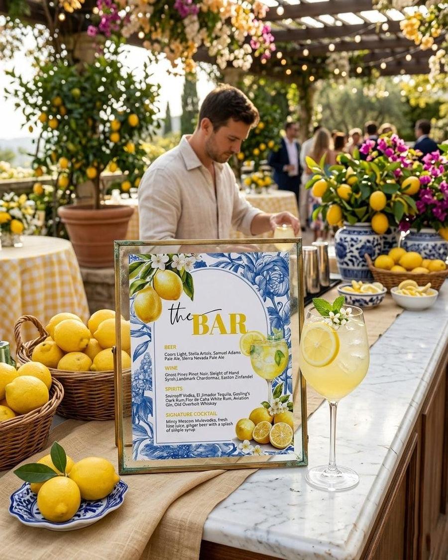 Limoncello Spritz Bar Menu Template, Citrus Lemon Amalfi Coast Bridal Shower Sign 102LE-BAME - marryful.org