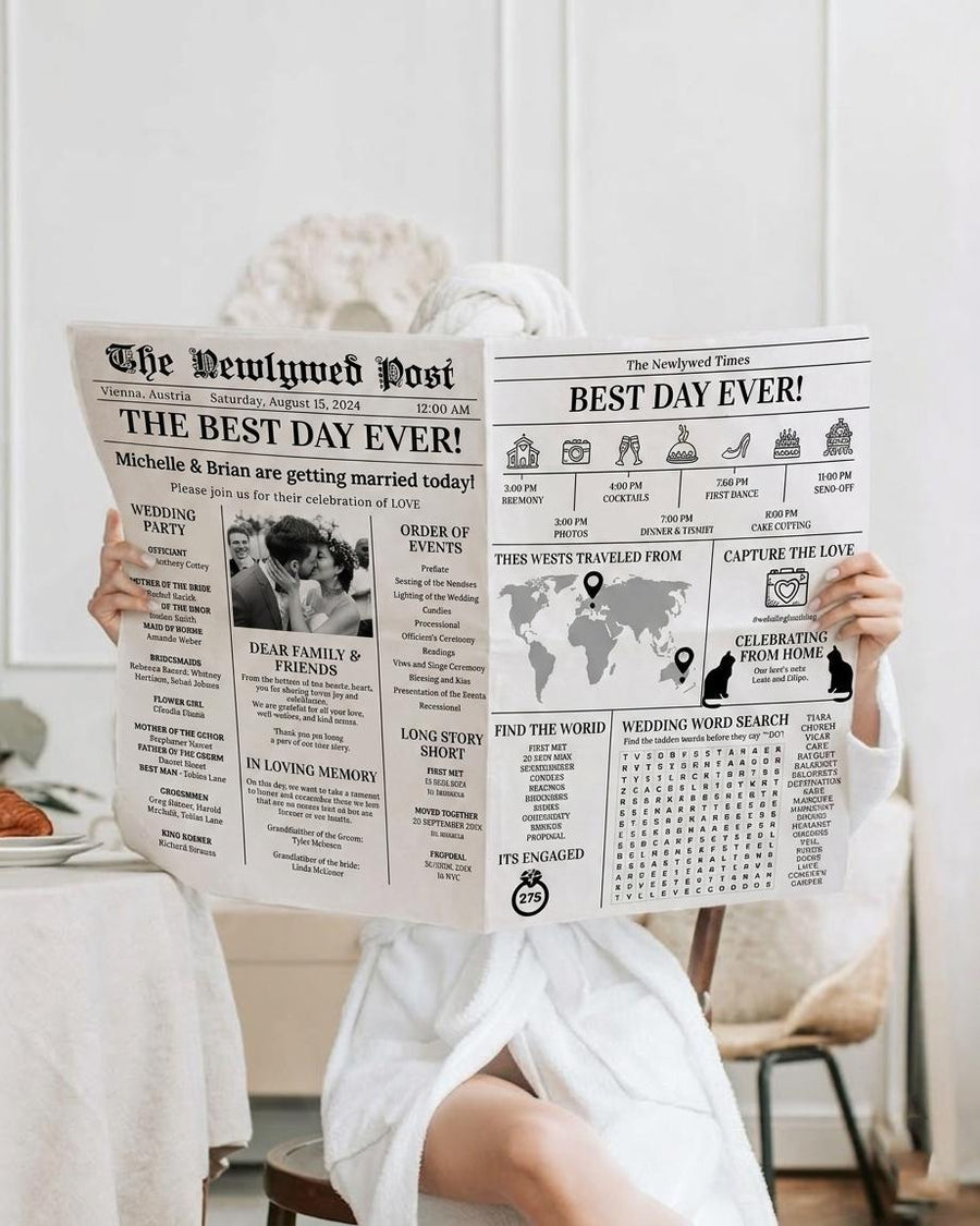Wedding Newspaper Program Timeline And Crossword Puzzle Modern Wedding Infographic Printable Template #065 - marryful.org