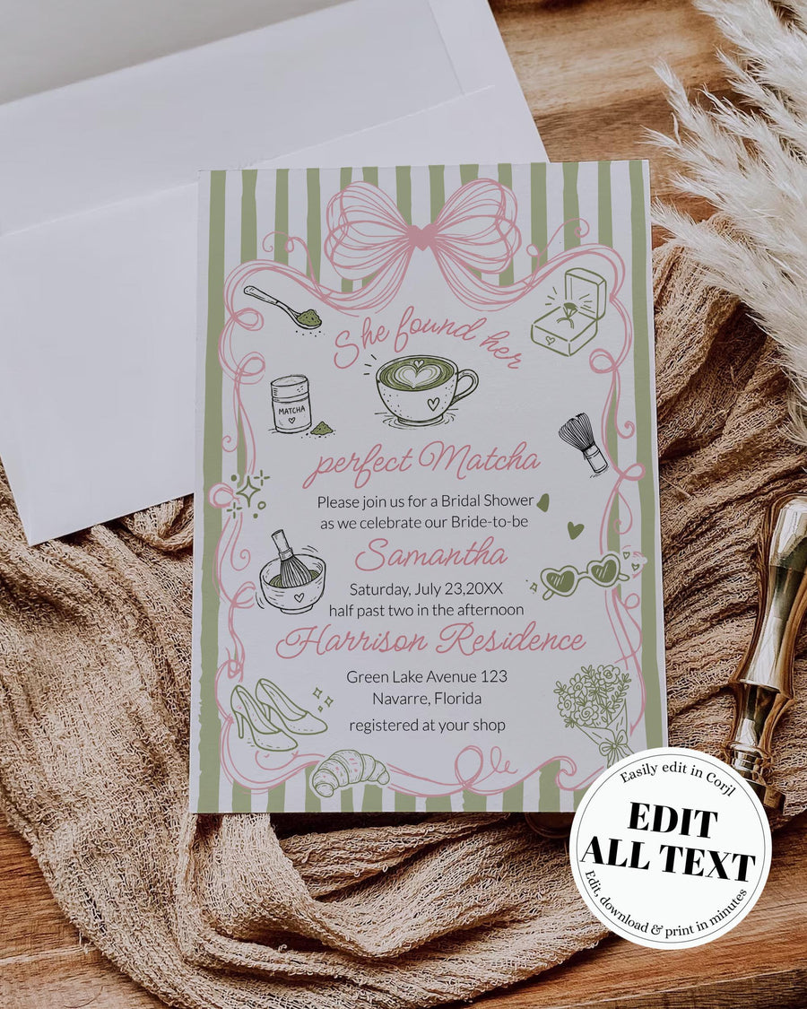 Matcha Bridal Shower Invitation Template, Coquette Bow Sage Tea Party Invite with Photo 089MA-BRSINV - marryful.org