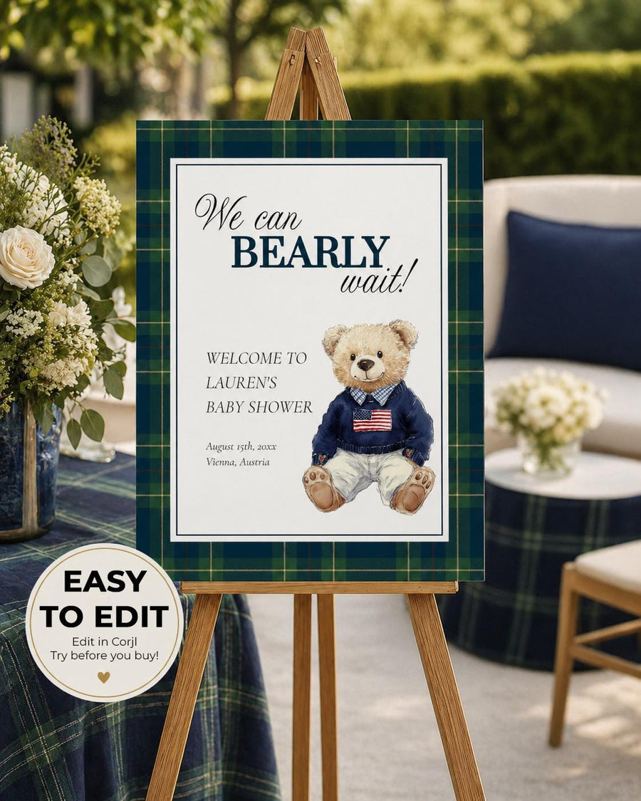 Preppy Baby Shower Welcome Sign, Teddy Bear Tartan Plaid Banner, Heritage Editable Template 068RL-WLCM - marryful.org
