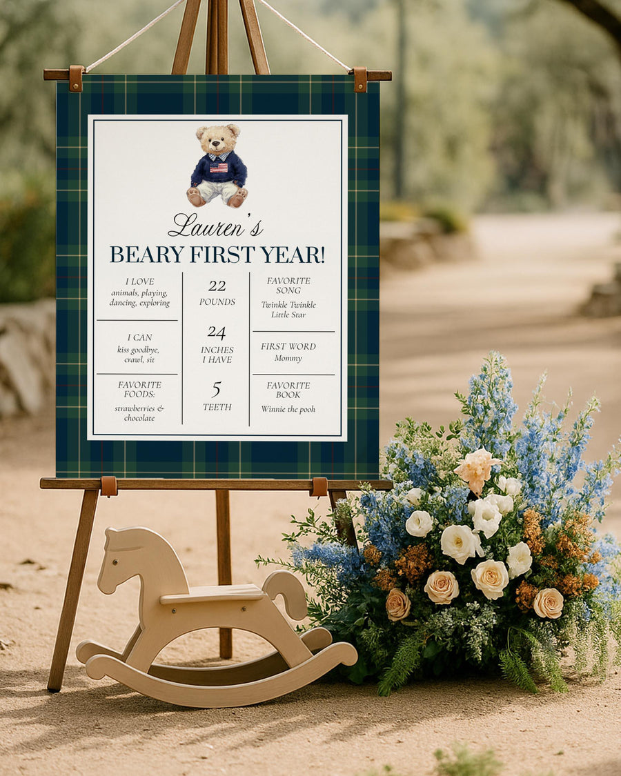 Preppy First Birthday Milestone Sign, Vintage Teddy Bear Plaid Poster, Editable Printable Template 068RL-MISI - marryful.org