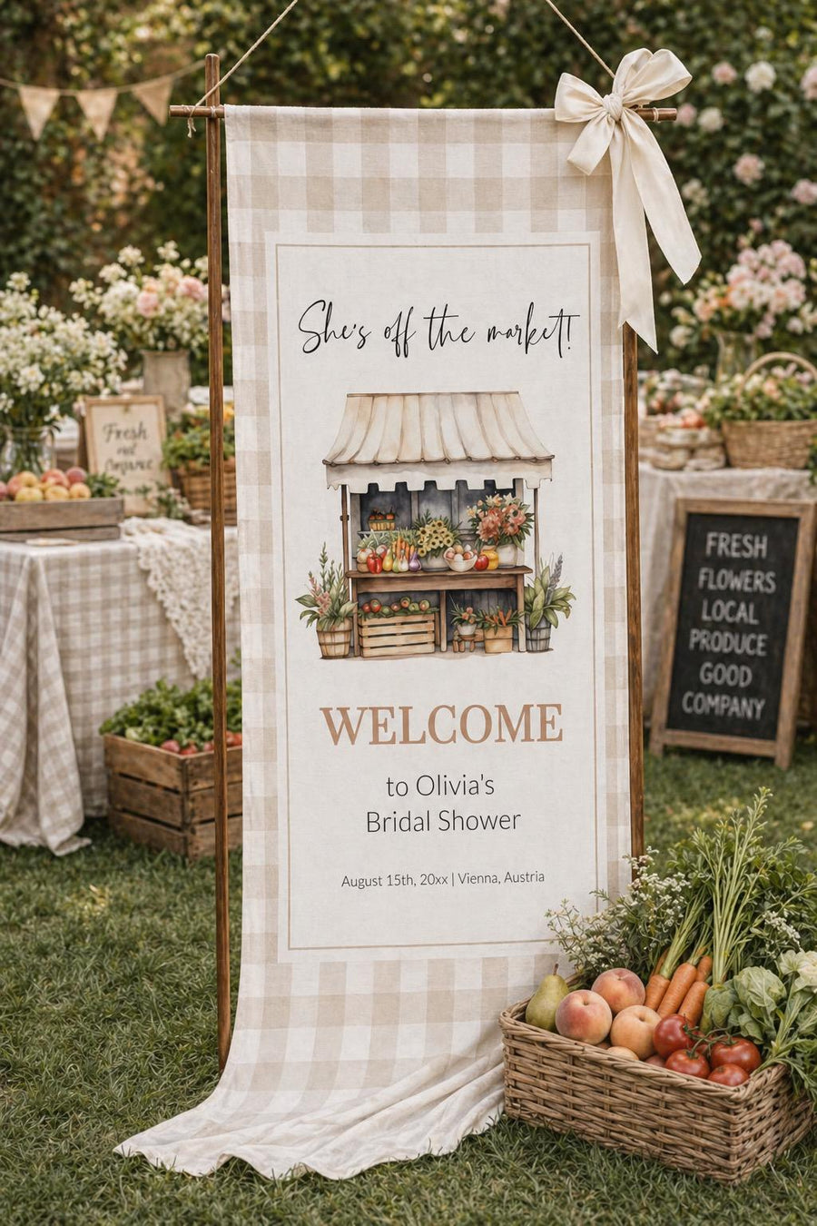 Fresh Off the Market Bridal Shower Fabric Banner, Farmers Market Linen Tapestry Sign 003FM-TABA - marryful.org