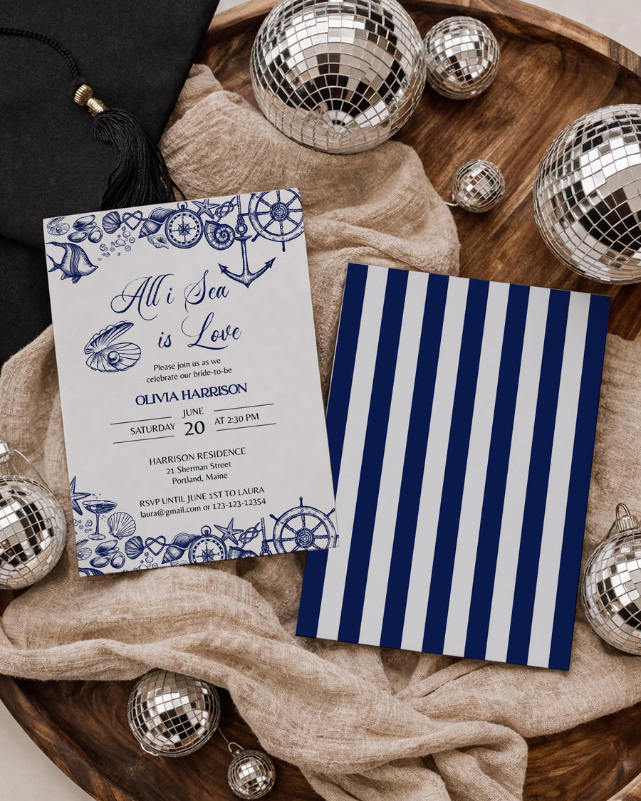 Coastal Bridal Shower Invitation Template, All I Sea Is Love Beach Party Invite 071NA-BRSINV - marryful.org
