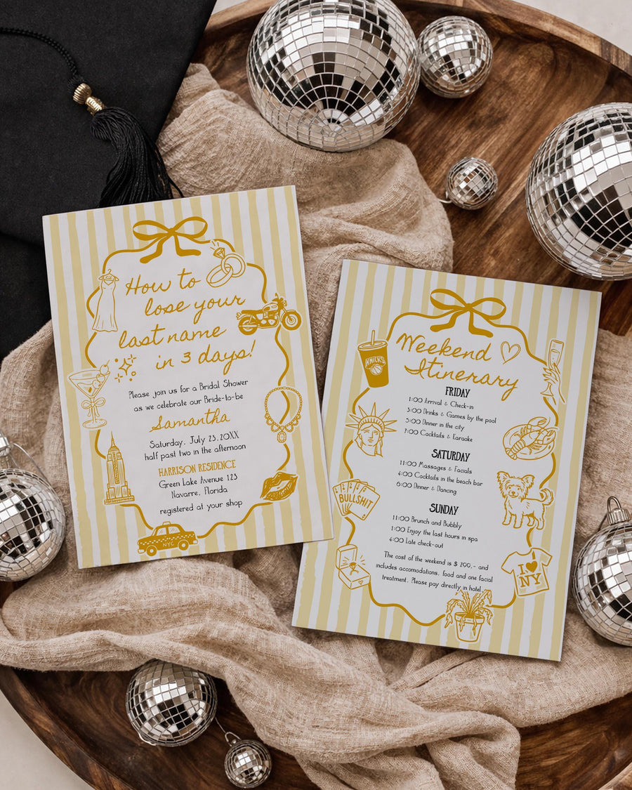 How to Lose Your Last Name Bachelorette Itinerary Template, Chic Bow Stripe Weekend Plan 089YE-BACHIT - marryful.org