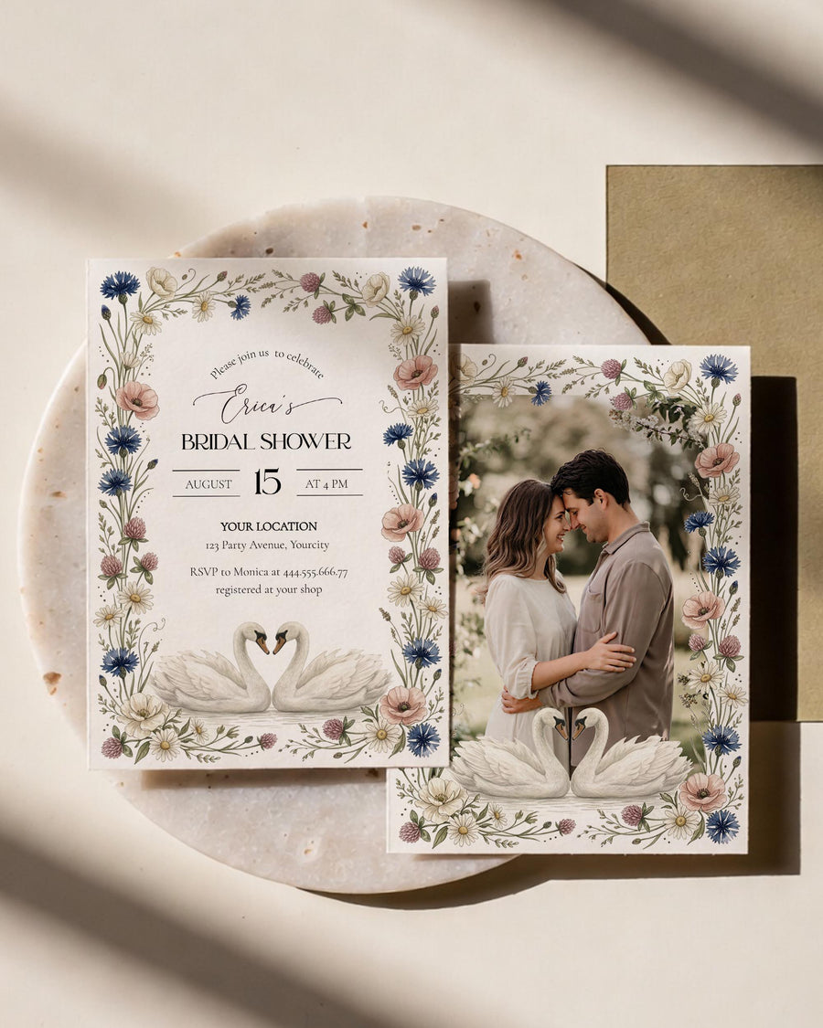 Elegant Swan Bridal Shower Invitation Template, Wildflower Floral Invite, Romantic Garden Party Card - marryful.org