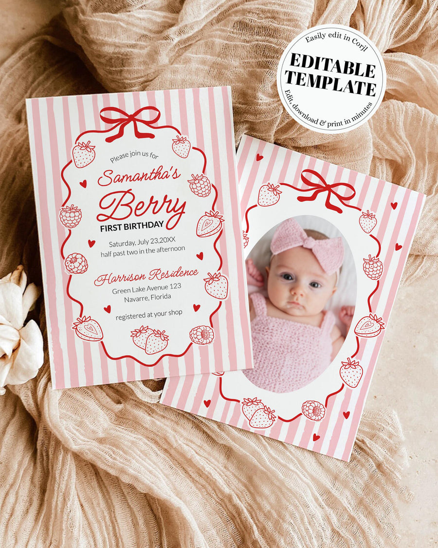 Berry First Birthday Invitation Strawberry Pink Coquette Baby Girl Party Template 089BE-BINV - marryful.org