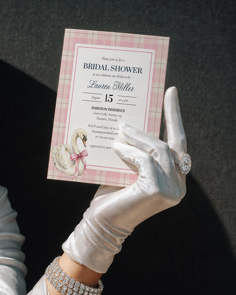 Swan Bridal Shower Invitation Template, Pink Plaid Old Money Invite, Preppy Party Card 068PI-BRSINV - marryful.org