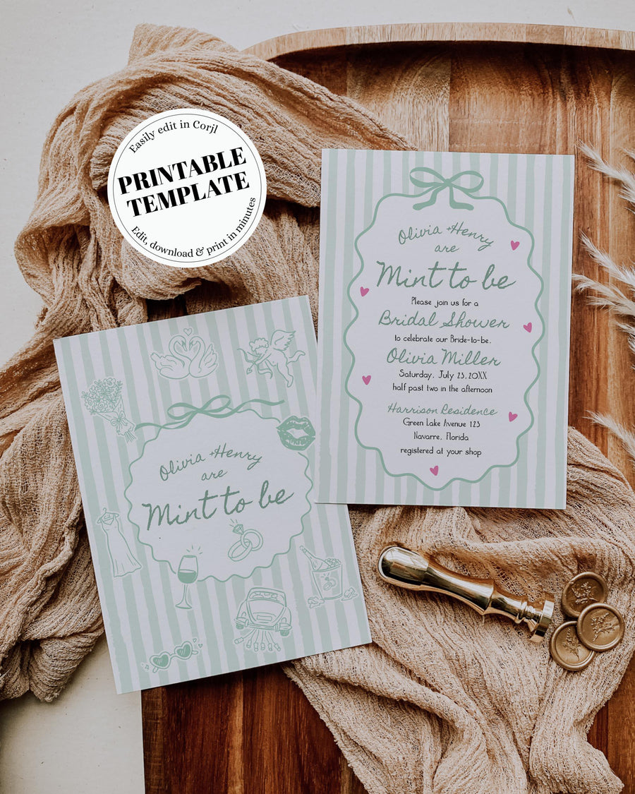 Mint to Be Bridal Shower Invitation Template, Editable Preppy Green Bow Heart Invite 089MI-BRSINV - marryful.org