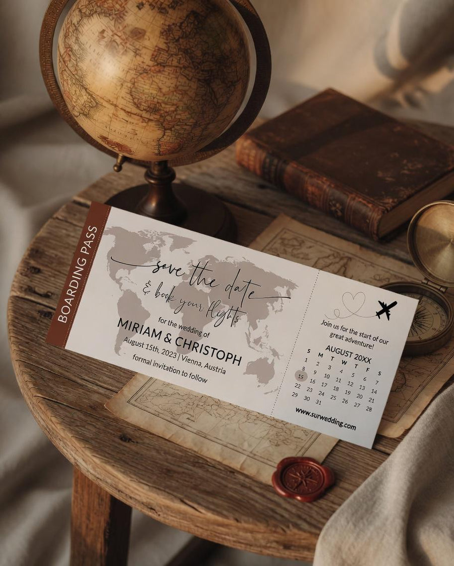 Destination Wedding Save the Date Calendar Template, Boarding Pass Wedding Invitation for Travel Wedding #072w - marryful.org