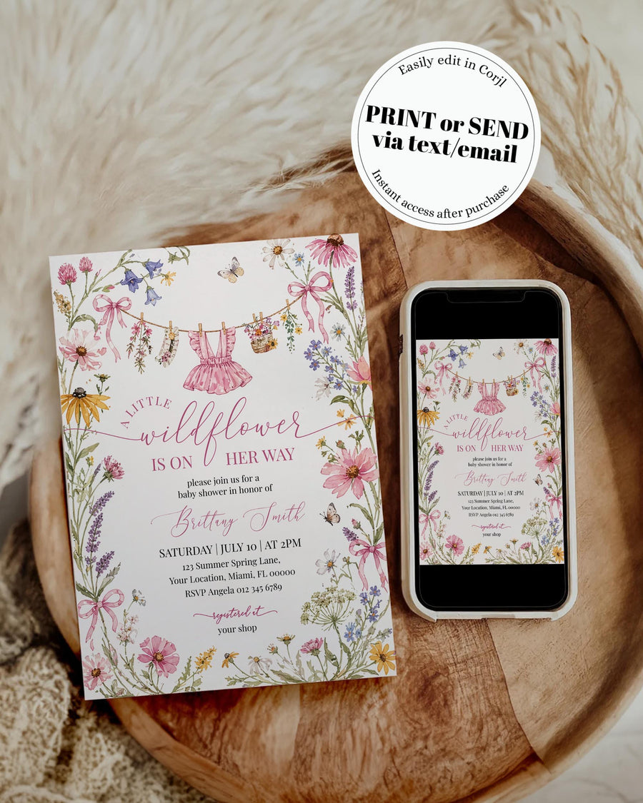 Pink Bow Wildflower Baby Shower Invitation, Colorful Floral Butterfly Invite, Coquette Girl Template 100PI-BSINV - marryful.org