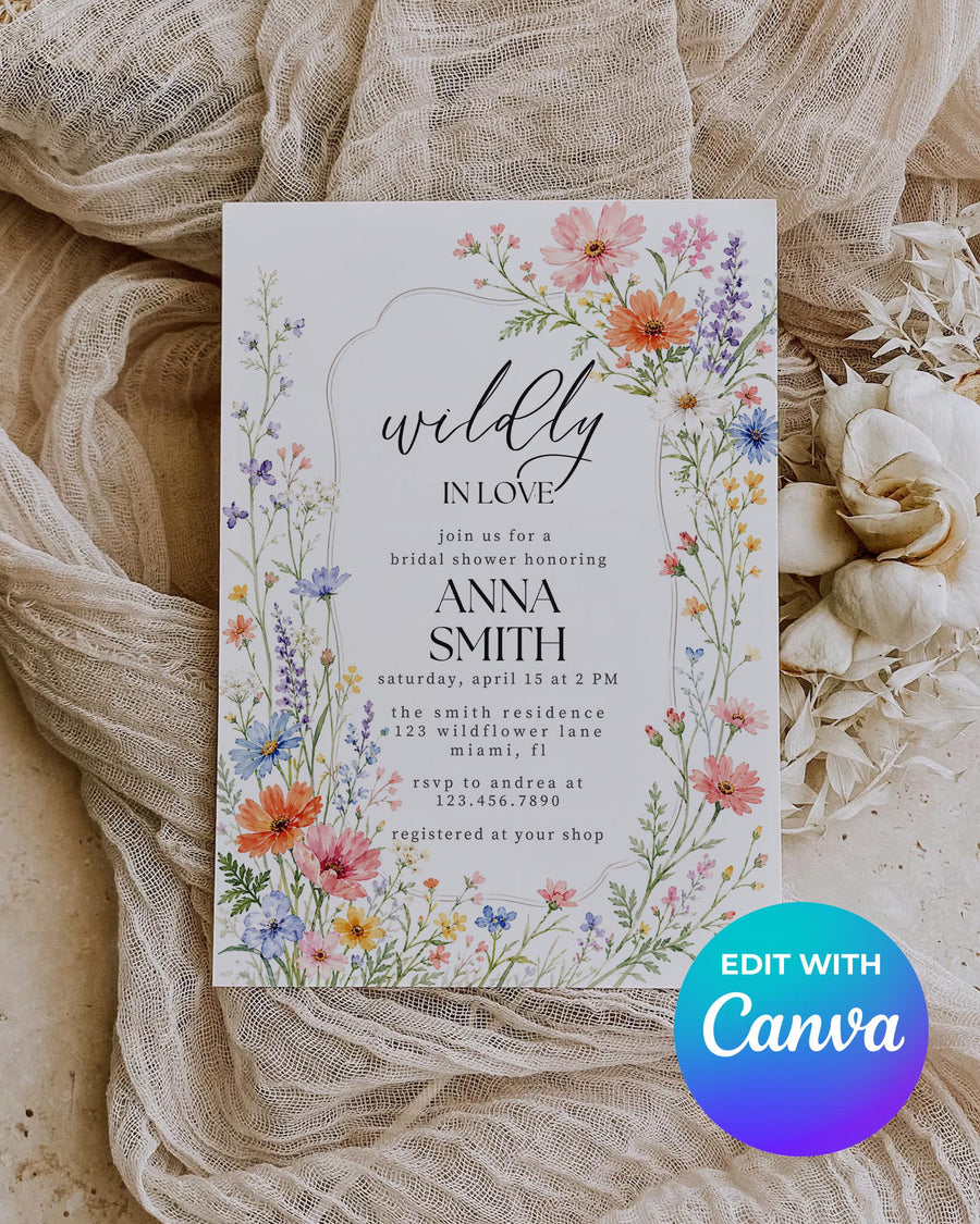 Wildly in Love Bridal Shower Invitation, Pastel Wildflower Floral, Editable Canva Template 100SU-BRSINV - marryful.org