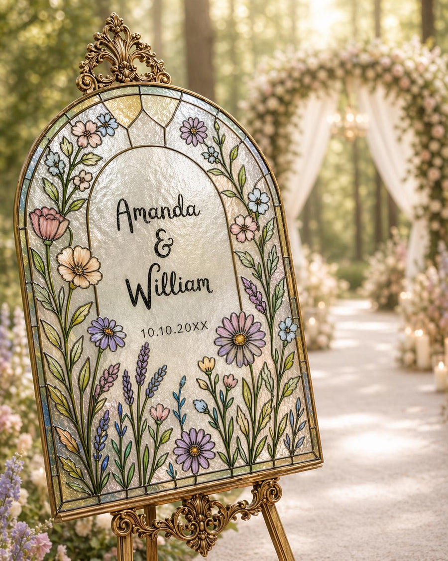 Stained Glass Welcome Sign Template, Wildflower Floral Wedding DIY Acrylic Printable Sign 35STGL-WLCM - marryful.org
