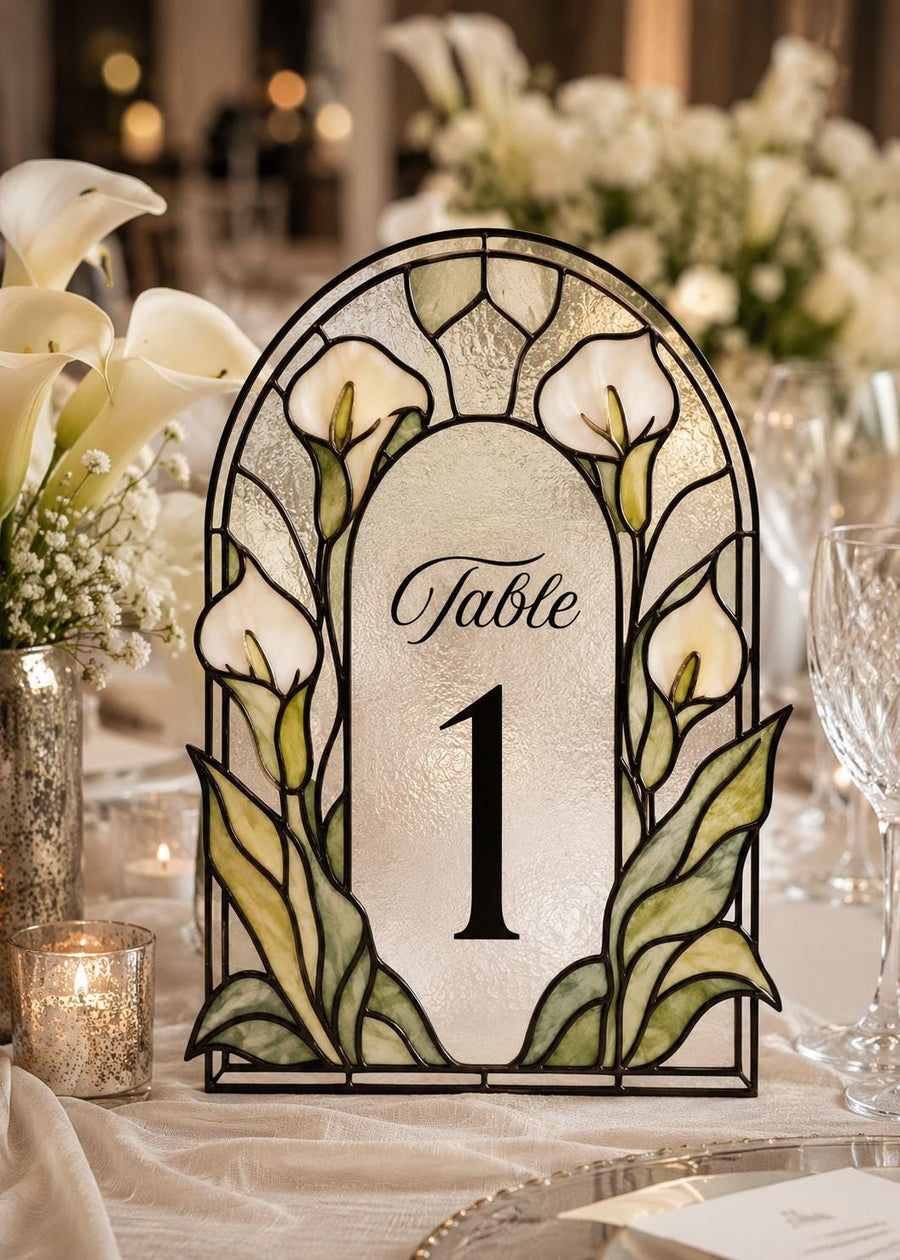 Faux Stained Glass Table Number Template, Arched Calla Lily Wedding Acrylic Tracing Design 035STGL-TANR - marryful.org