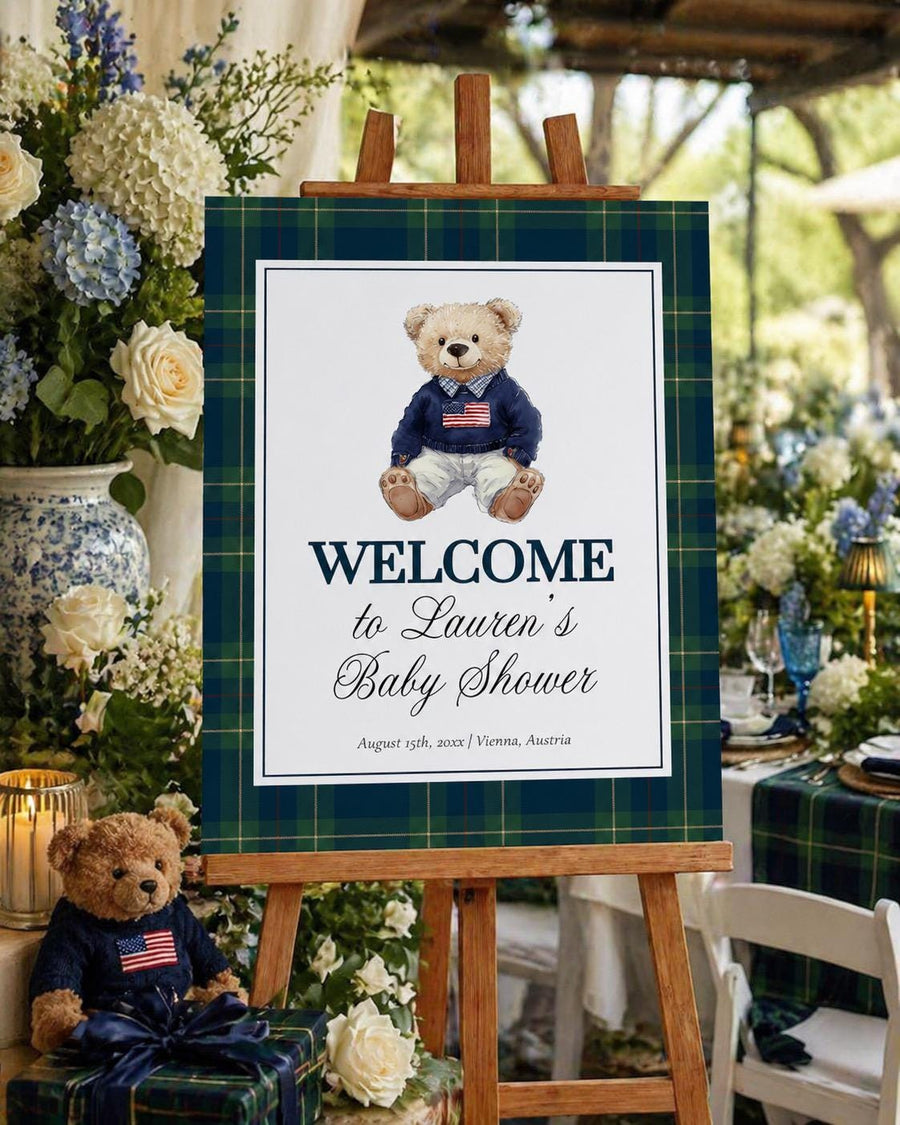 Polo Teddy Baby Shower Welcome Sign, Bear Tartan Plaid Banner, Heritage Editable Template 068RL-WLCM - marryful.org