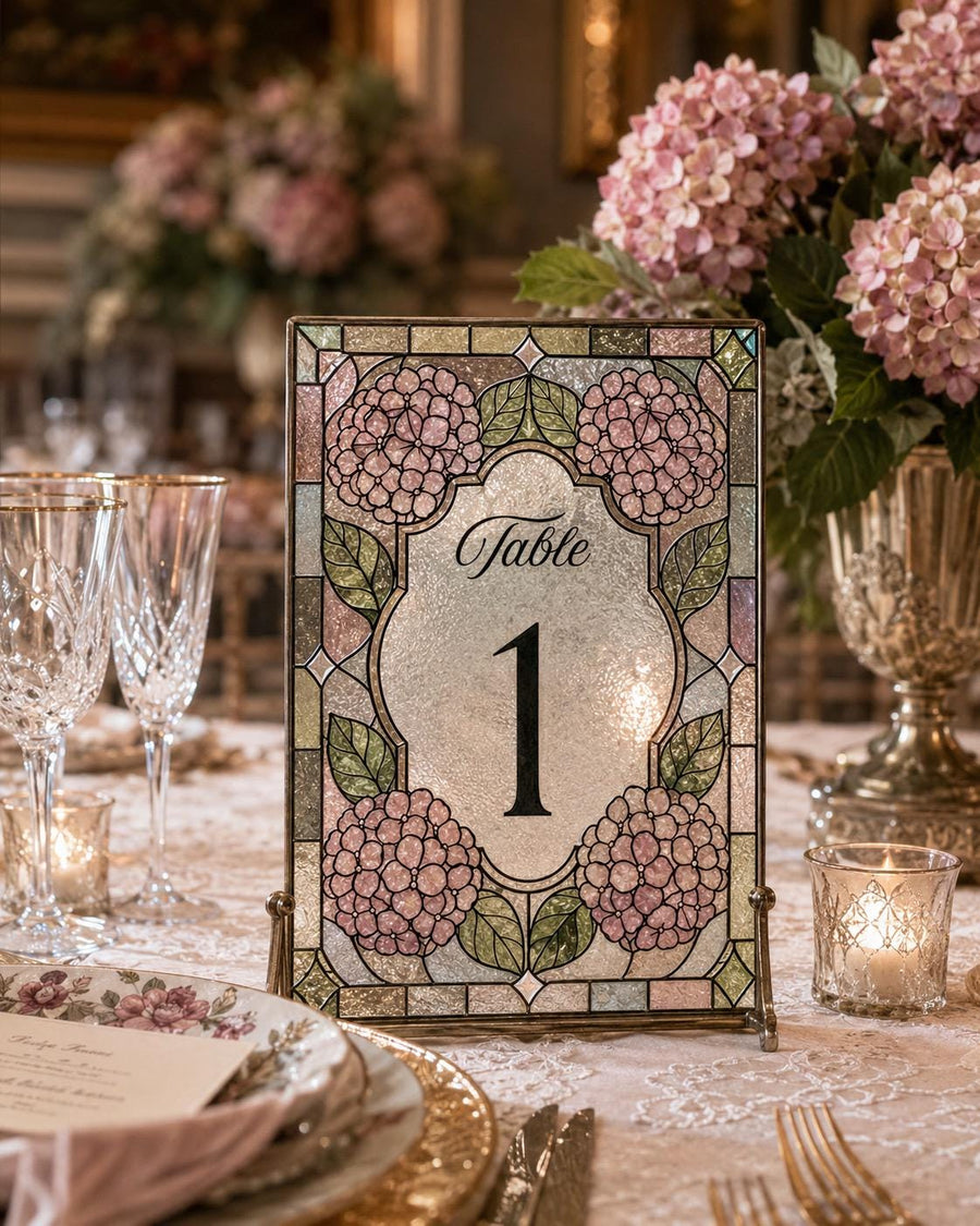 Pink Hydrangea Faux Stained Glass Table Number, Floral Wedding Acrylic Tracing Canva Template 035STGL-TANR - marryful.org