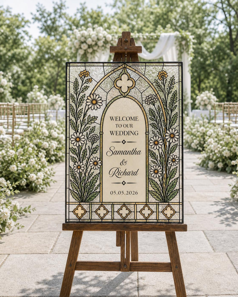 Meadow Wildflower Stained Glass Welcome Sign Template, Garden Wedding DIY Acrylic Printable Design 035STGL-WLCM - marryful.org