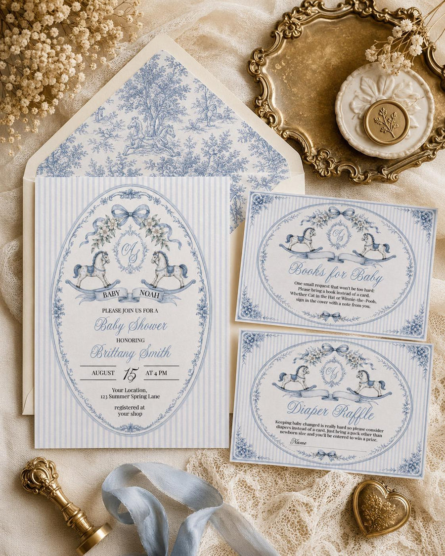 Blue Rocking Horse Baby Shower Invite, Striped Baby Boy Invitation, Preppy Bow Template 100BL-BSINV - marryful.org