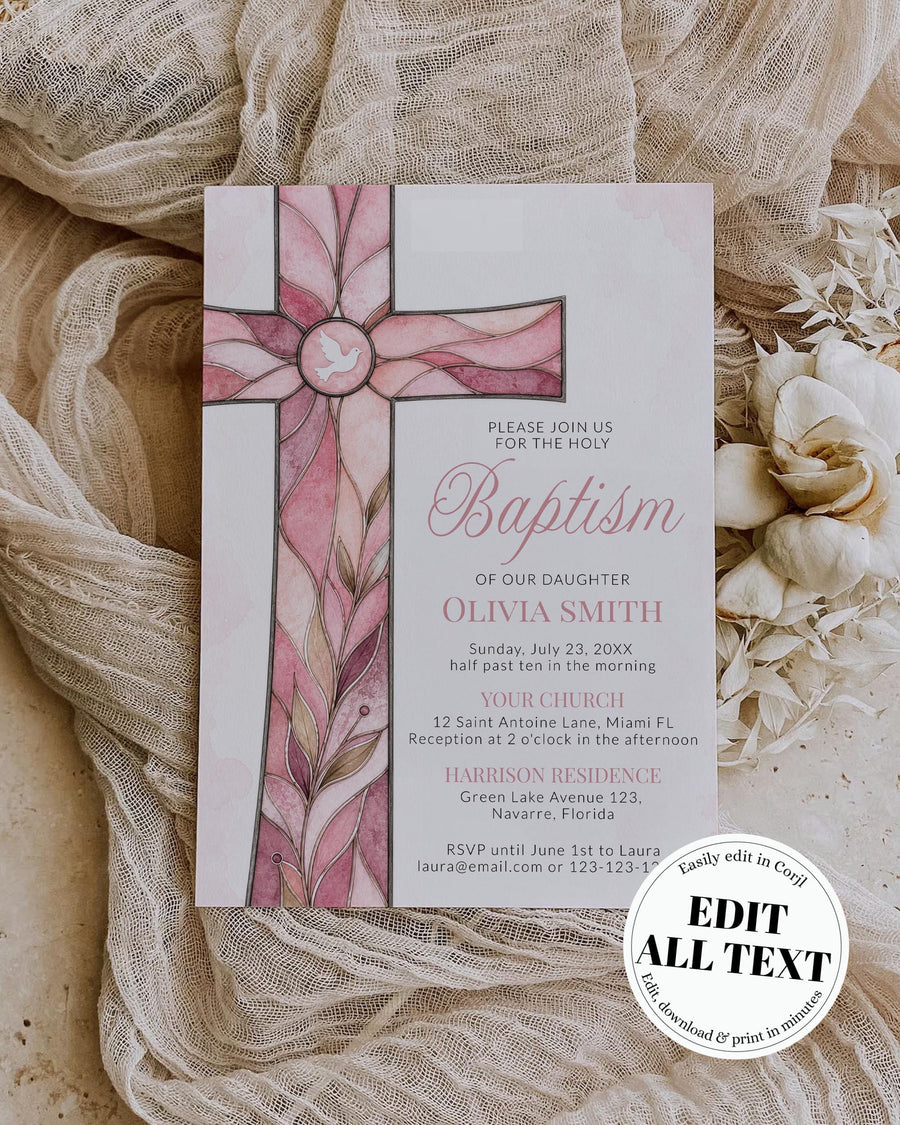 Pink Stained Glass Baptism Invitation Template, Cross Christening Invite for Girl Daughter 035STGL-BAPINV - marryful.org
