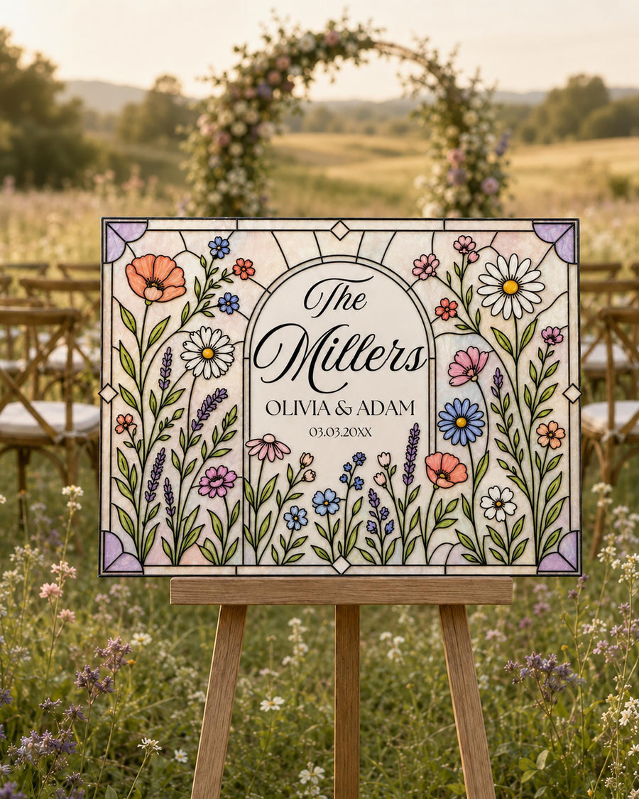 Last Name Wedding Sign, Wildflower Faux Stained Glass Keepsake DIY Acrylic Canva Template 035STGL-WLCM - marryful.org