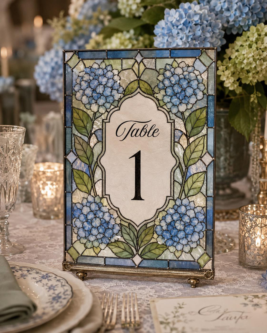 Blue Hydrangea Faux Stained Glass Table Number, Floral Wedding Acrylic Tracing Canva Template 035STGL-TANR - marryful.org